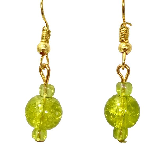 Murano Style Art Glass Bead Earrings Lime Green Gold Plated Crackled Glass Balls - Picture 2 of 8